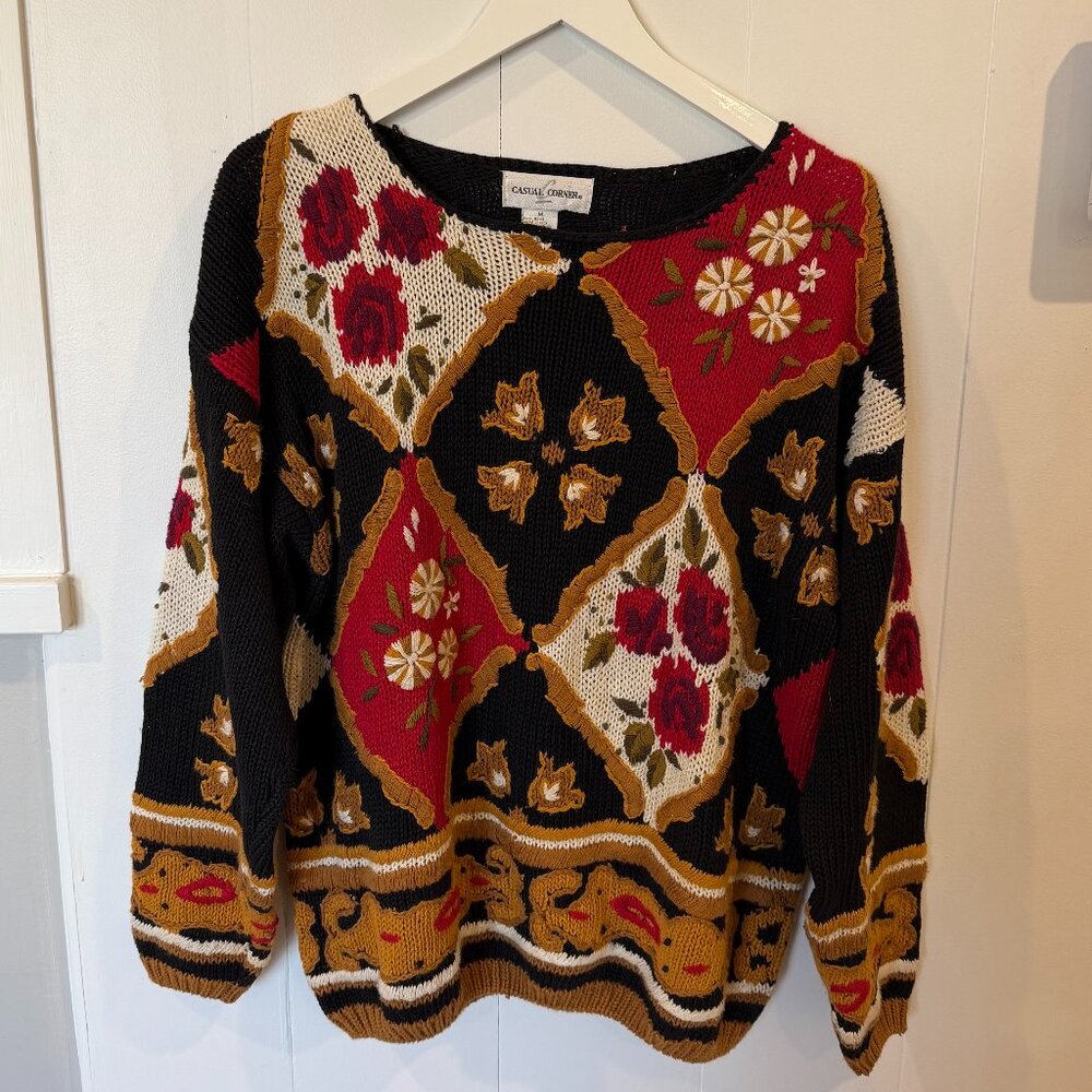 Vintage Knit Casual Corner Sweater Medium Floral Red Black Gold